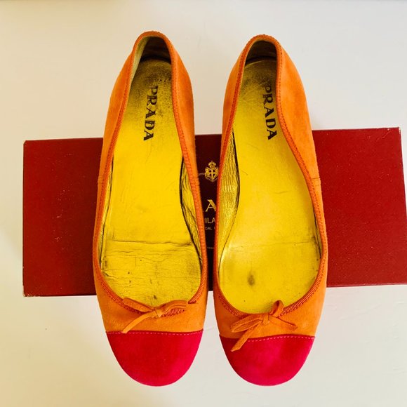 PRADA BALLET SUEDE FLATS ORANGE AND PINK WITH BOW ACCENT MADE IN ITALY - Picture 2 of 8